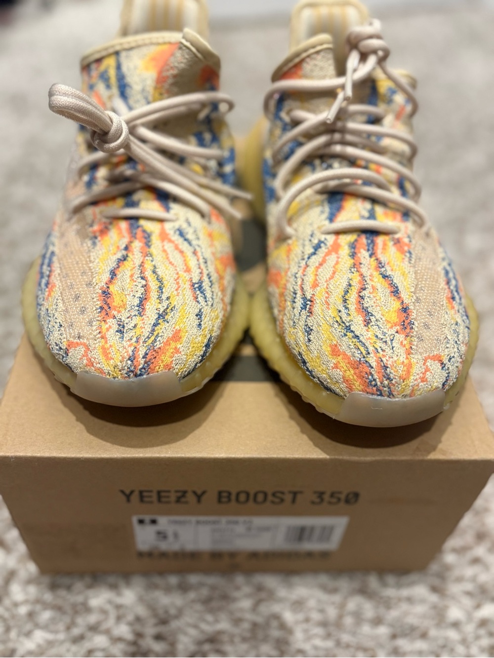 Yeezy Multicolor Knit Sneakers — Tan with Yellow, Orange & Blue Streaks